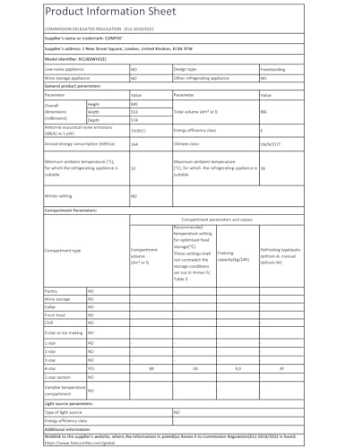 COMFEE' RCU83WH2(E) 88L Freestanding Under Counter Freezer, 55cm Wide, Reversible Door
