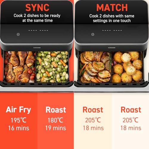 COSORI Dual Air Fryer TwinFry, 10L Flexible Capacity, Single & Double Zone Convertible, 4 Fast Heaters