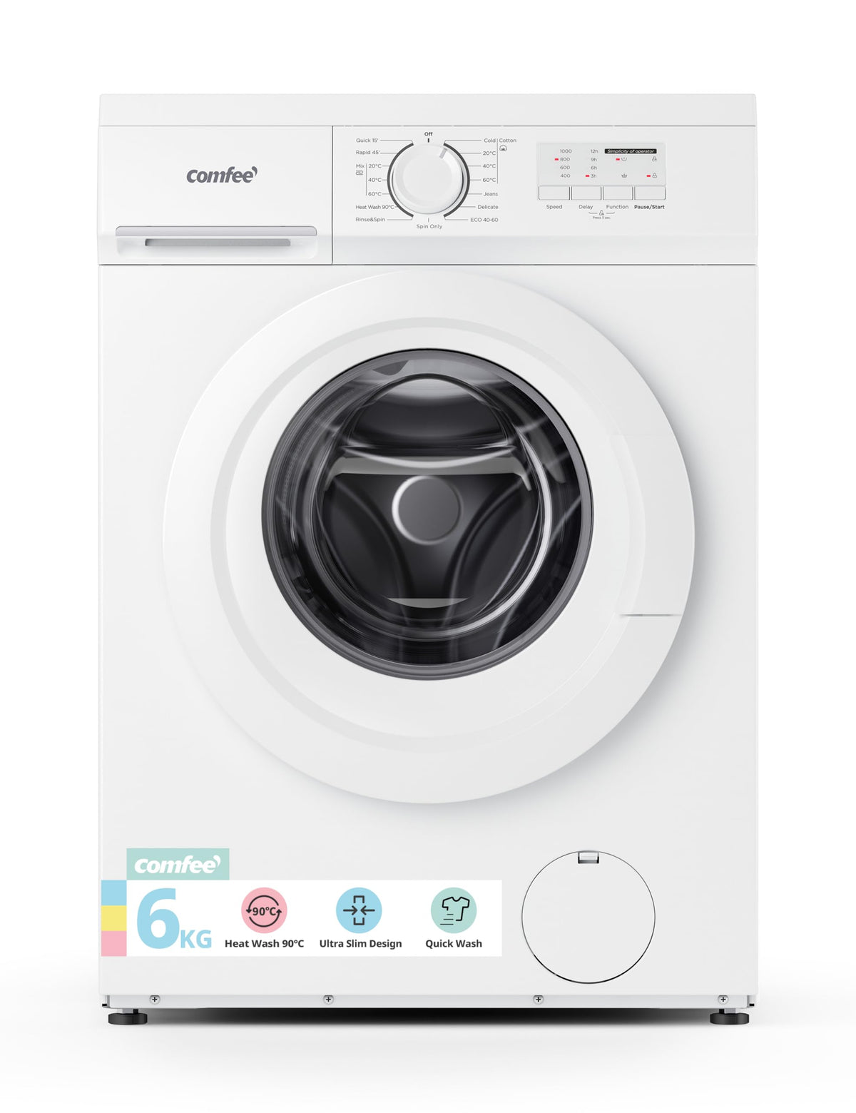 COMFEE' Freestanding Washing Machine,6KG Load,Heat Wash 90℃,Quick Wash,15 Washing Programs,White-CFE10EW60/W