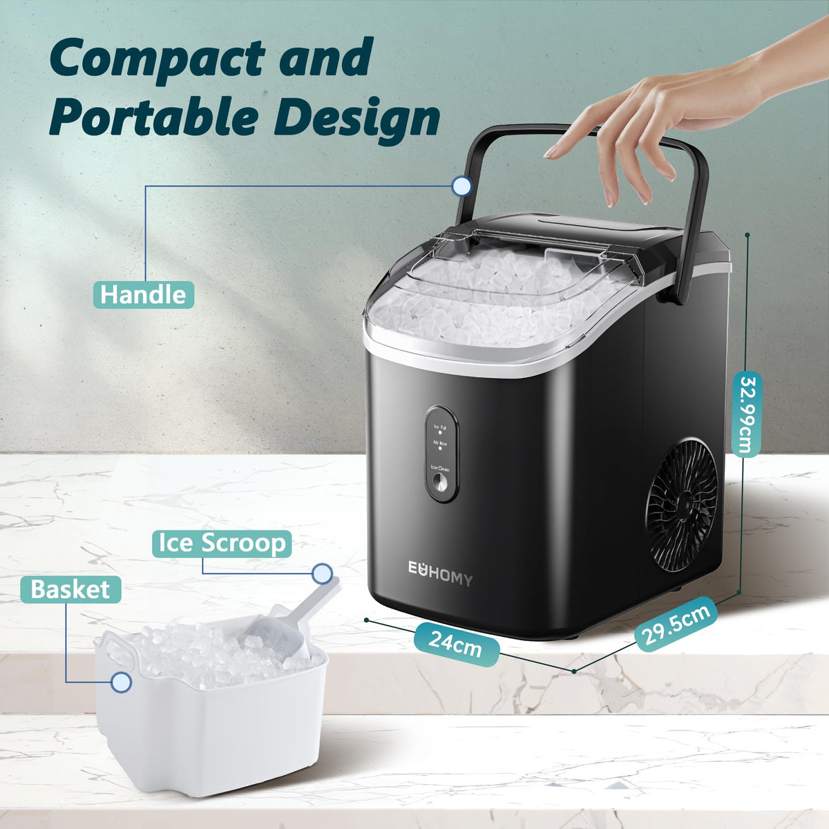 EUHOMY Nugget Ice Maker, Chewable Pellet Ice Machine with Handle, Ready in 6 Mins, 15.5kg/24H