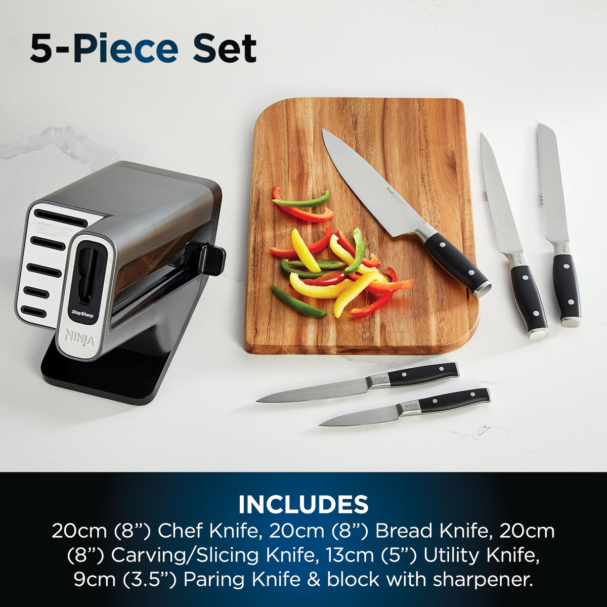 Ninja Foodi StaySharp Knife Block with Integrated Sharpener, 5-Piece Knife Set includes Chef