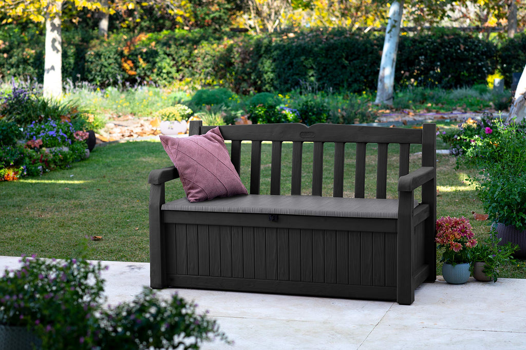 Keter Eden Bench 265L Outdoor 60% recycled Garden Furniture Storage Box Graphite & Light Grey