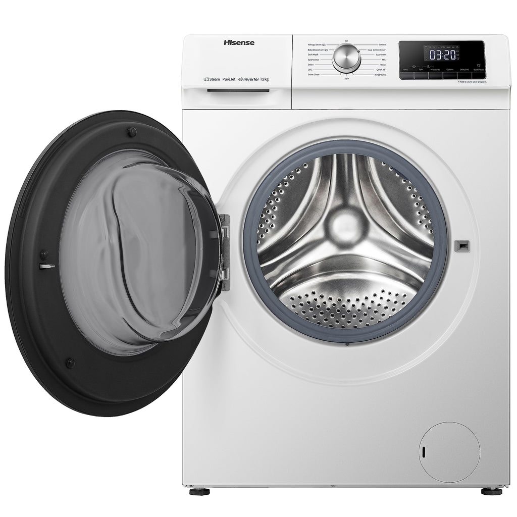 Freestanding Front Load Washing Machine – 12kg, Inverter Motor, 15 Programs, Quick & Steam Wash, 1400 RPM, White, Energy Class A
